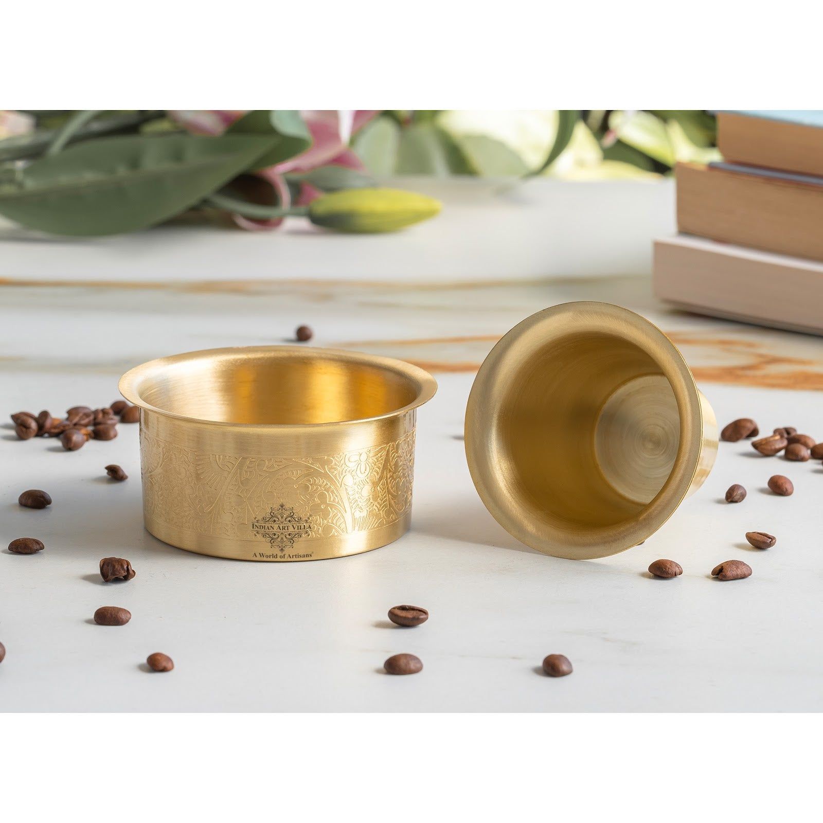 Pure Brass Dabra Set With 290 ML Capacity - Embossed Finish